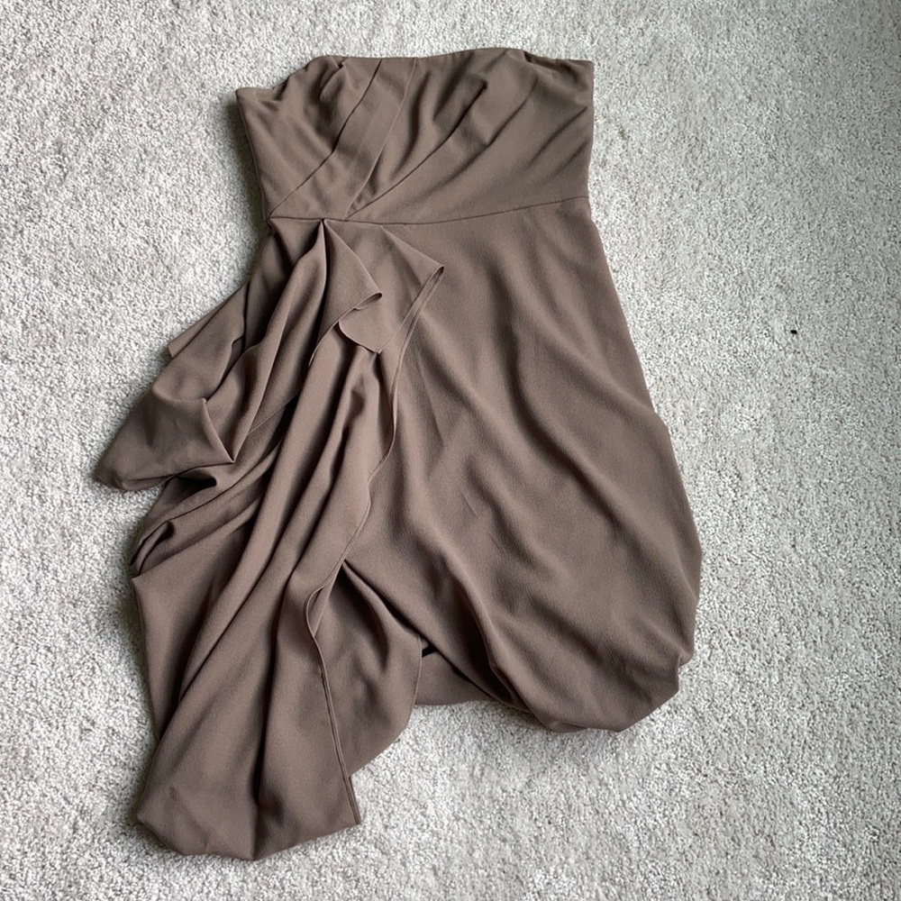 BCBG MaxAzria Runway tan cocktail dress, wedding guest, strapless dress